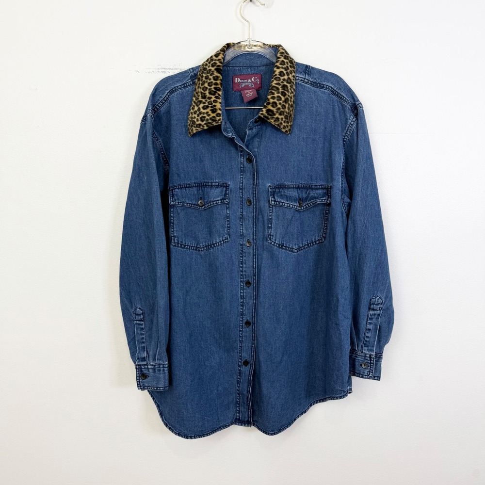 Vintage Denim & Co Leopard Collar Denim Shirt Jacket Size XL